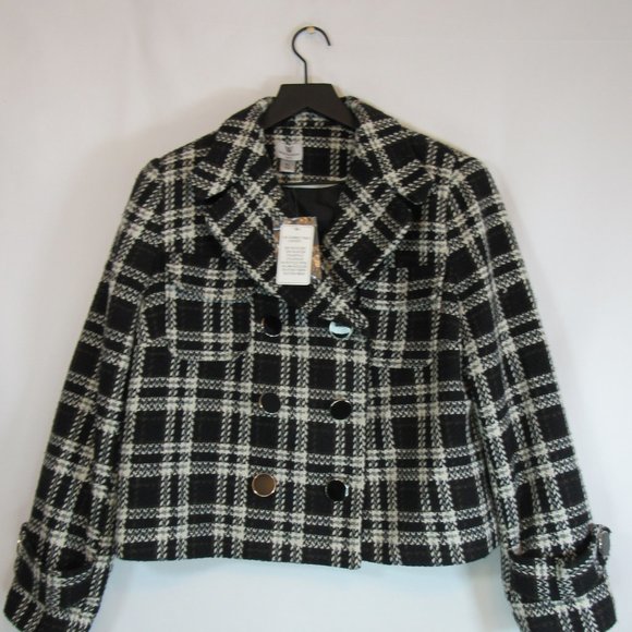 Worthington Black Plaid Double Breasted Pea Coat Jacket Petite L NEW - Picture 4 of 8